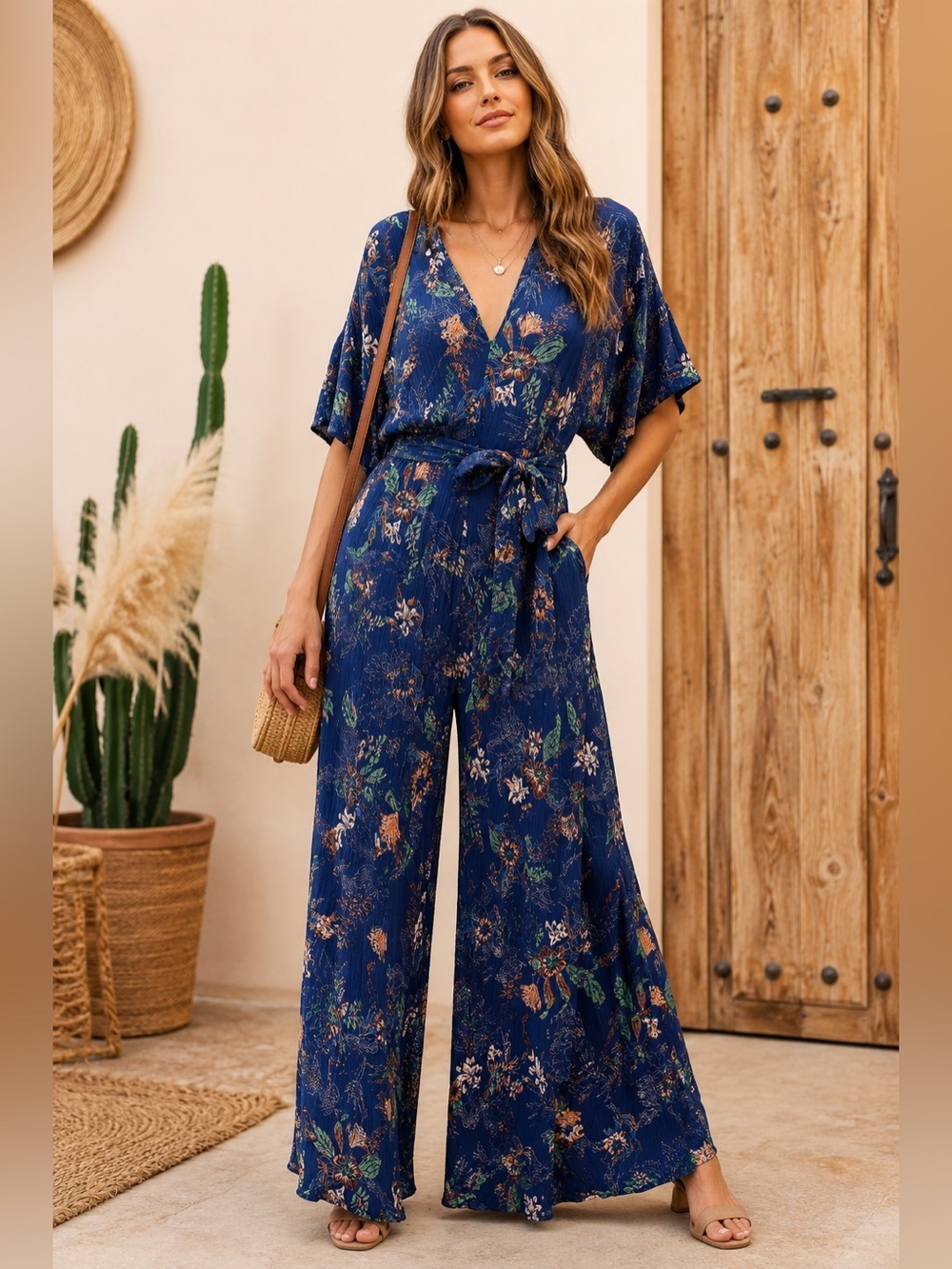 En Crème Blue Floral Wide Leg Jumpsuit Belted Boho Vacation Resortwear Large